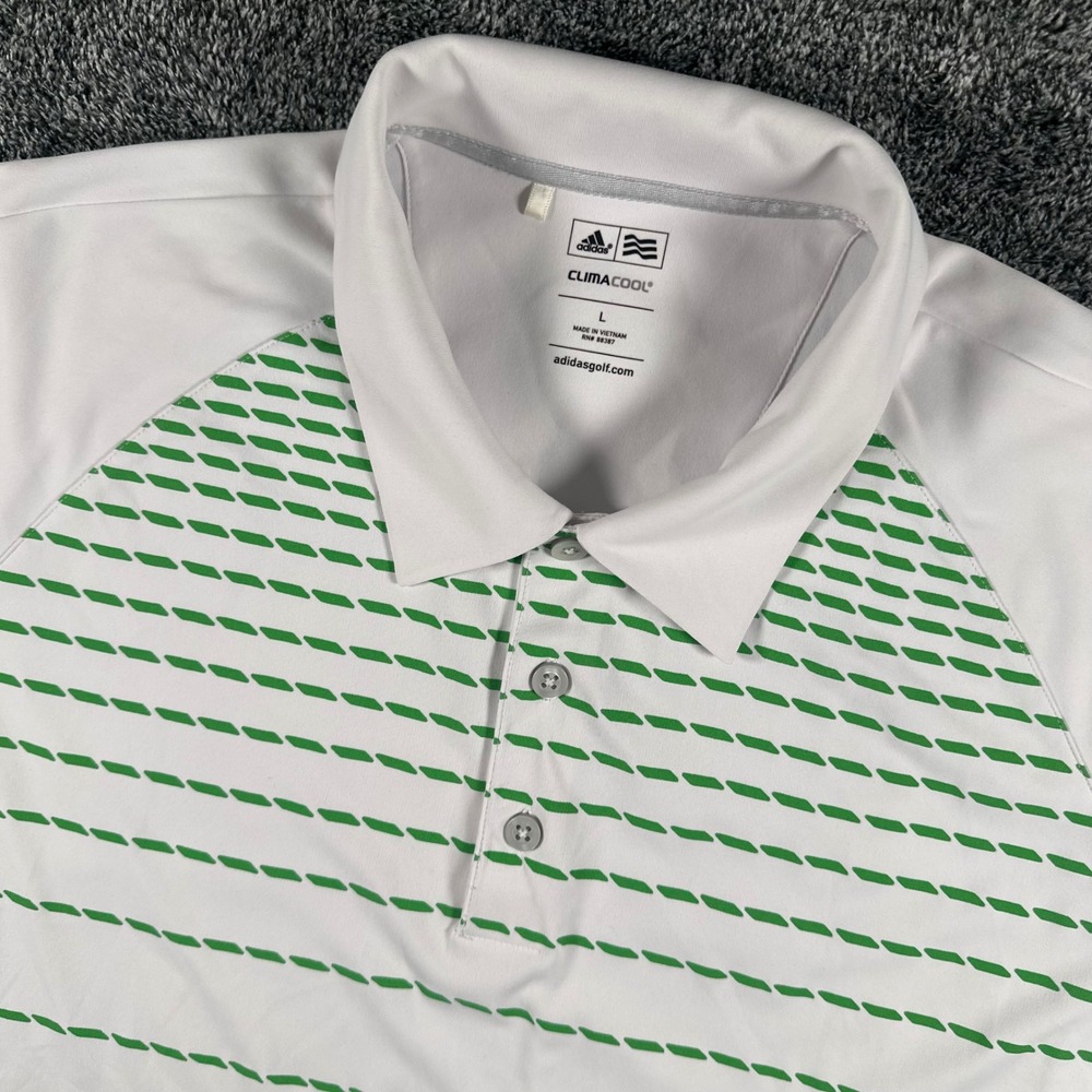 Adidas Polo Shirt Mens L ClimaCool White Green Dash Golf Short Sleeve Athletic